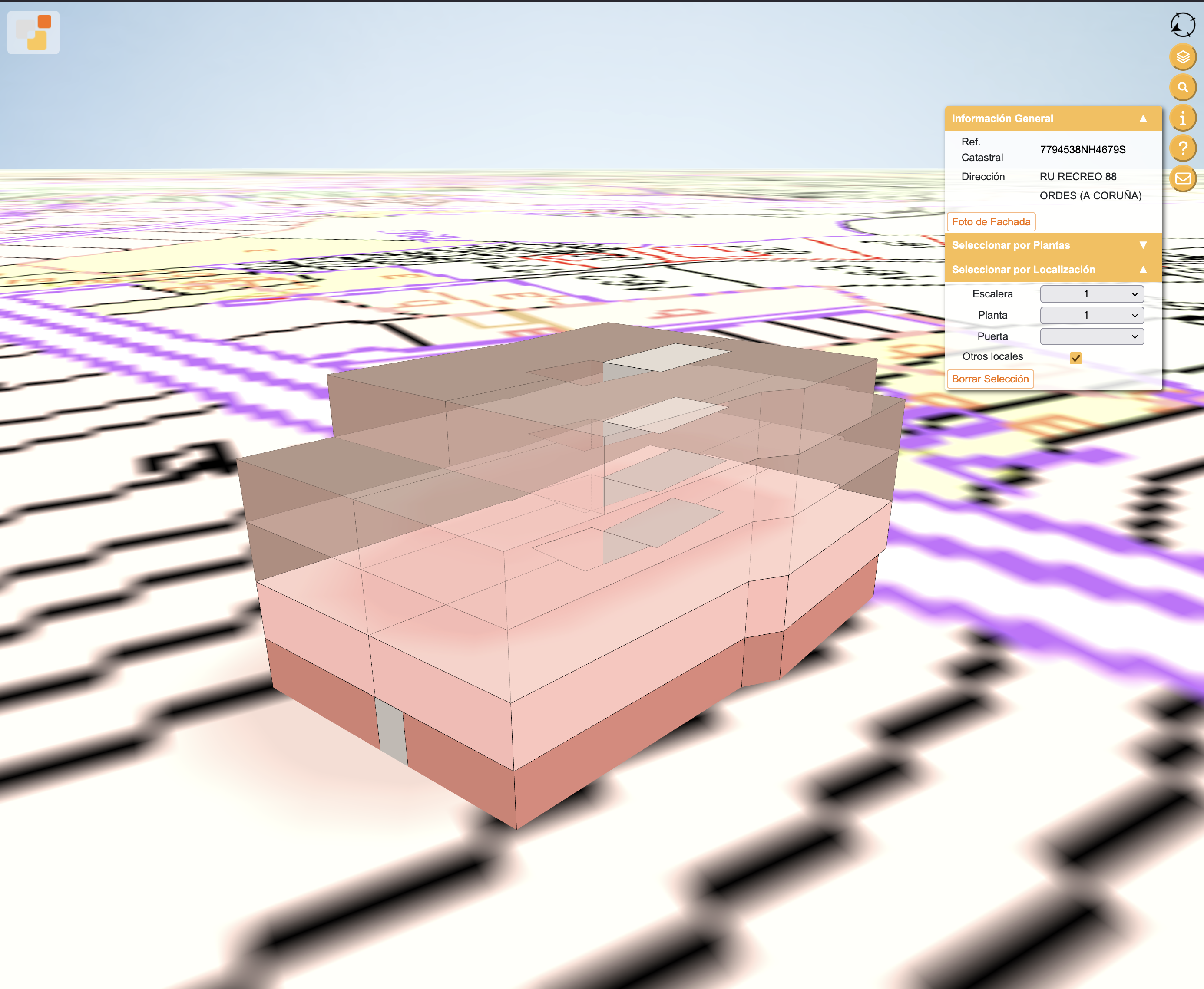 Vista 3D catastral — ángulo 1